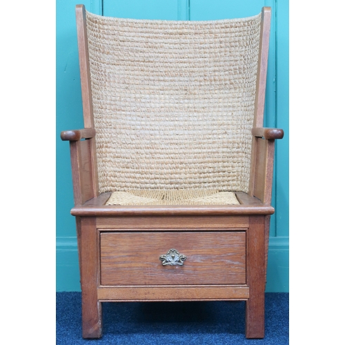 2005 - AN EARLY 20TH CENTURY STAINED PINE FRAMED CHILDREN'S ORKNEY CHAIR  with curved rushed back over rush... 