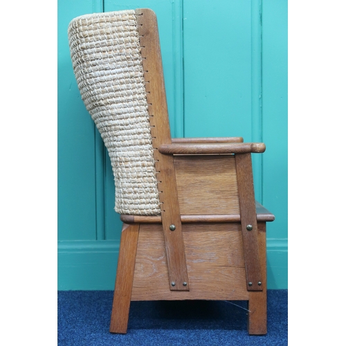 2005 - AN EARLY 20TH CENTURY STAINED PINE FRAMED CHILDREN'S ORKNEY CHAIR  with curved rushed back over rush... 