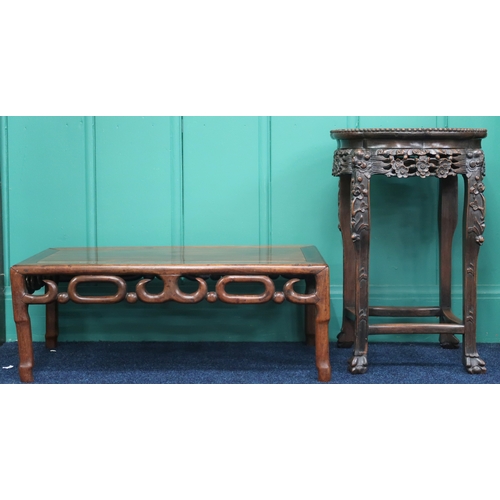 2008 - A 19TH CENTURY CHINESE HARDWOOD MARBLE TOPPED JARDINIERE STAND with shaped top over pierced carved f... 