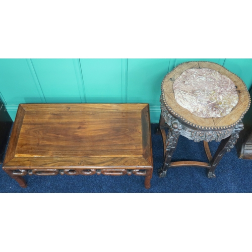 2008 - A 19TH CENTURY CHINESE HARDWOOD MARBLE TOPPED JARDINIERE STAND with shaped top over pierced carved f... 