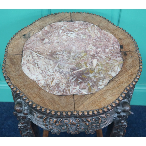 2008 - A 19TH CENTURY CHINESE HARDWOOD MARBLE TOPPED JARDINIERE STAND with shaped top over pierced carved f... 