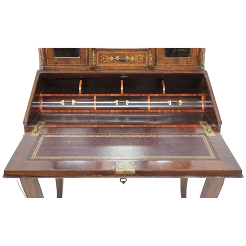 2012 - A 19TH CENTURY LOUIS XV STYLE WALNUT AND SATINWOOD INLAID BUREAU DE DAME desk with brass ormolu... 