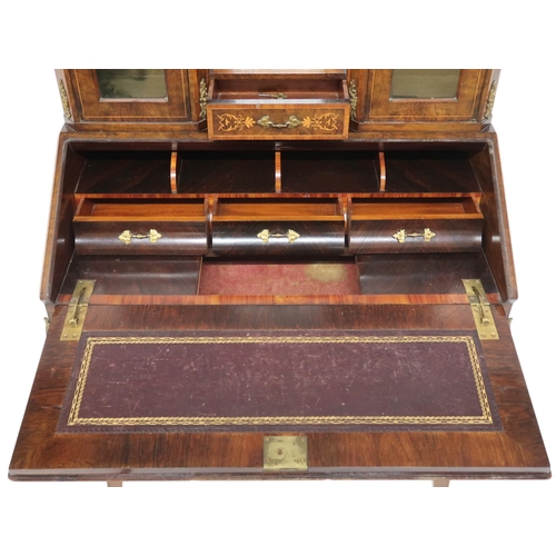 2012 - A 19TH CENTURY LOUIS XV STYLE WALNUT AND SATINWOOD INLAID BUREAU DE DAME desk with brass ormolu... 