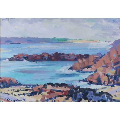 2927 - † PETER GRAHAM ROI RSW (SCOTTISH B.1959)IONA FROM FIONNPHORT BEACH Oil on board, signed lower left, ... 