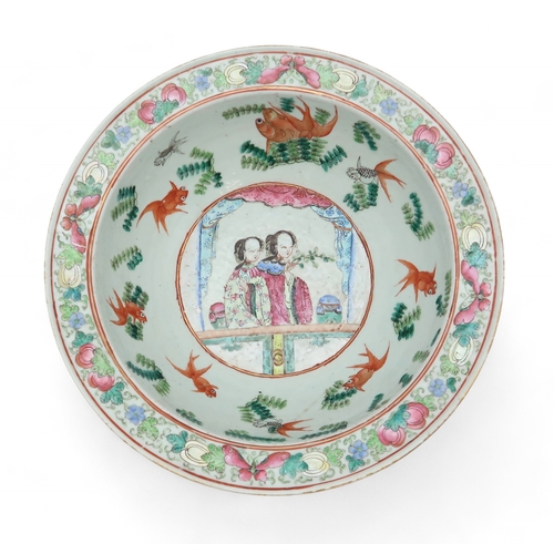 2409 - A CANTON FAMILLE ROSE BASIN Painted with two ladies at a window and surrounded by fish and aquatic f... 