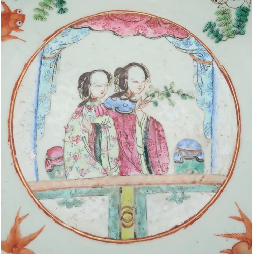 2409 - A CANTON FAMILLE ROSE BASIN Painted with two ladies at a window and surrounded by fish and aquatic f... 