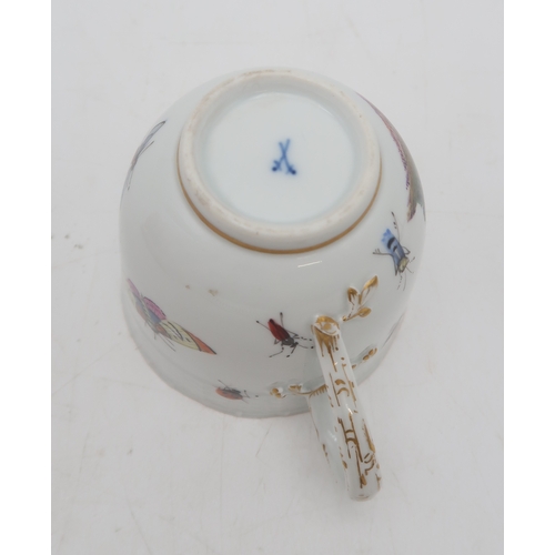 2204 - A MEISSEN PORCELAIN CUPpainted with a bird and insects 6.5cm high, a Meissen small section dish with... 