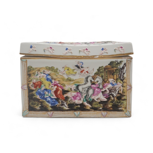 2206 - A LARGE CAPODIMONTE PORCELAIN BOX AND COVERof rectangular form, moulded in relief and painted with a... 