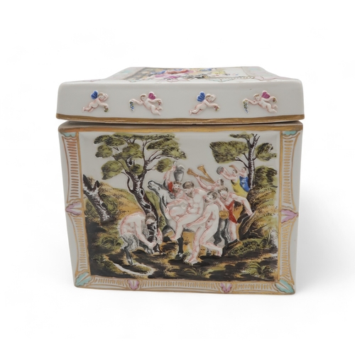 2206 - A LARGE CAPODIMONTE PORCELAIN BOX AND COVERof rectangular form, moulded in relief and painted with a... 