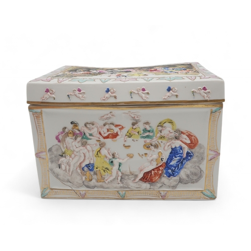 2206 - A LARGE CAPODIMONTE PORCELAIN BOX AND COVERof rectangular form, moulded in relief and painted with a... 