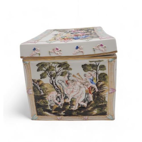 2206 - A LARGE CAPODIMONTE PORCELAIN BOX AND COVERof rectangular form, moulded in relief and painted with a... 