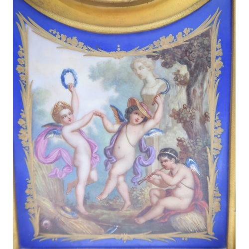 2209 - A 19TH CENTURY FRENCH GILDED METAL MANTEL CLOCKwith Sevres style painted panels, depicting dancing c... 