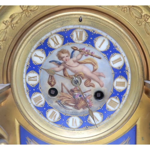 2209 - A 19TH CENTURY FRENCH GILDED METAL MANTEL CLOCKwith Sevres style painted panels, depicting dancing c... 