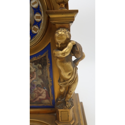 2209 - A 19TH CENTURY FRENCH GILDED METAL MANTEL CLOCKwith Sevres style painted panels, depicting dancing c... 