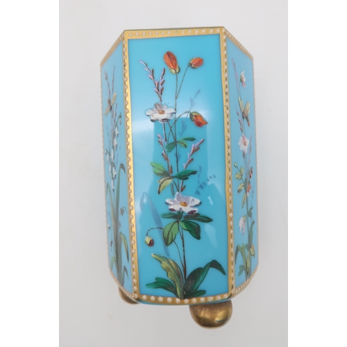 2211 - A PAIR OF MOSER TURQUOISE GLASS VASESof hexagonal form painted in enamels with flowers and bees, 13.... 