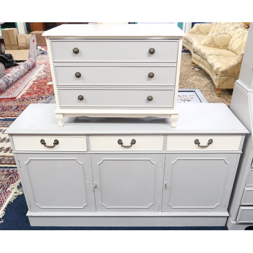 44 - A lot comprising a pastel painted contemporary sideboard with three short drawers over cabinet doors... 