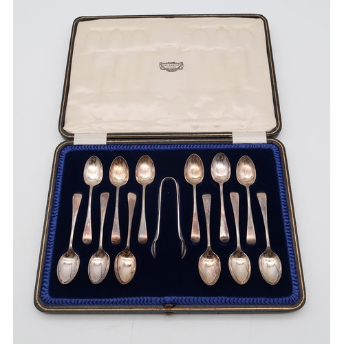 427 - A cased set of silver spoons and sugar tongs, by Cooper Brothers & Sons, Sheffield, in the Old E... 