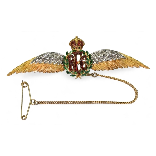 A royal flying corps sweetheart brooch, this large brooch, is made in 15ct gold with rose cut diamond and engraved feather wings, enamelled logo, wreath and crown. Dimensions 7cm x 2cm, weight 8.6gms