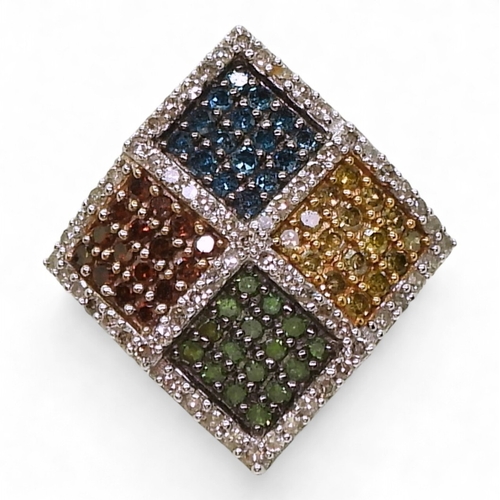 744 - A multi-colour diamond ring, set in 9ct gold and pave set with panels of blue, green, red and yellow... 