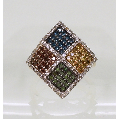 744 - A multi-colour diamond ring, set in 9ct gold and pave set with panels of blue, green, red and yellow... 