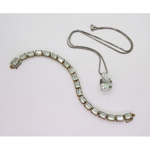 811 - A pendant and bracelet. The 9ct yellow gold bracelet is set with step cut green amethyst of approx 7... 