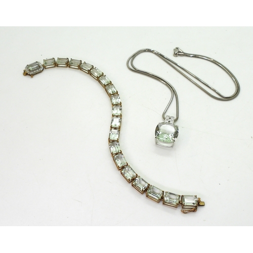 811 - A pendant and bracelet. The 9ct yellow gold bracelet is set with step cut green amethyst of approx 7... 