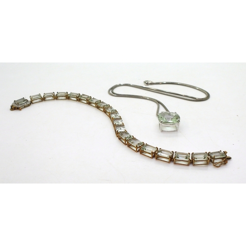 811 - A pendant and bracelet. The 9ct yellow gold bracelet is set with step cut green amethyst of approx 7... 