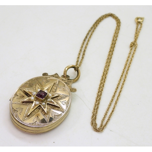 769 - A decorative locket, the yellow metal locket is engraved with a star to the front, set with split pe... 