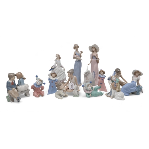 219 - A collection of Lladro and Nao figures including ballerinas, child clowns, Cinderella etc