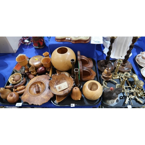 231 - A large collection of wooden treen items, a pottery hen and assorted brass