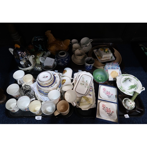 239 - A collection of commemorative mugs, a hen egg nest, assorted dishes and plates etc