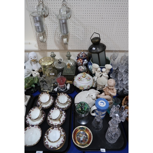 252 - A pair of hanging candle lamps, other decorative glass, Belleek boy and girl and a basket vase with ... 