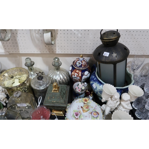 252 - A pair of hanging candle lamps, other decorative glass, Belleek boy and girl and a basket vase with ... 