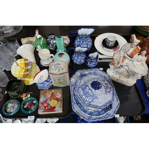 263 - Two Moorcroft dishes, a Crown Staffordshire cakestand, a flatback figure, boxed Carlton dish and spo... 