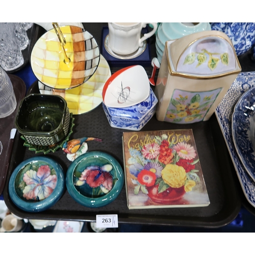 263 - Two Moorcroft dishes, a Crown Staffordshire cakestand, a flatback figure, boxed Carlton dish and spo... 