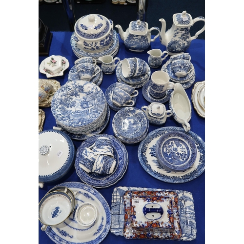 266 - Assorted blue and white transfer printed table wares including Myott The Hunter pattern coffee pot, ... 