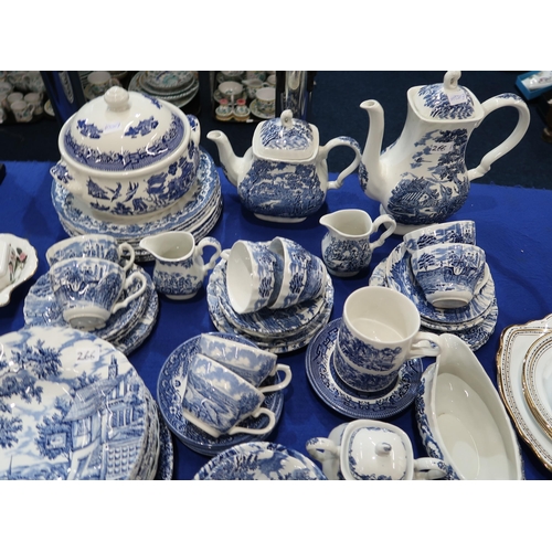 266 - Assorted blue and white transfer printed table wares including Myott The Hunter pattern coffee pot, ... 