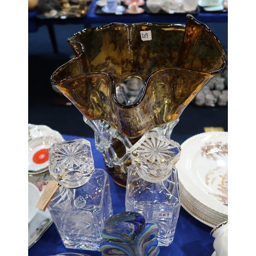 269 - A Mdina glass sculpture in green, blue and lilac, a pair of glass brandy goblets, a crystal scent bo... 