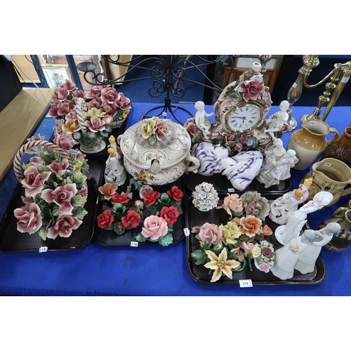 278 - Assorted Capodimonte flowers, other pottery flowers, Italian pottery clock, bust and assorted figure... 