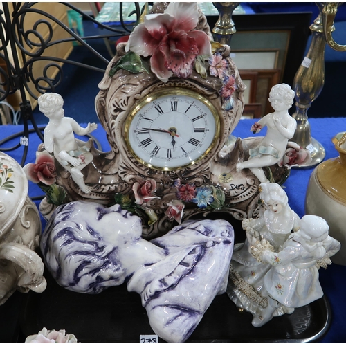 278 - Assorted Capodimonte flowers, other pottery flowers, Italian pottery clock, bust and assorted figure... 