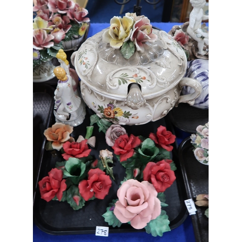 278 - Assorted Capodimonte flowers, other pottery flowers, Italian pottery clock, bust and assorted figure... 