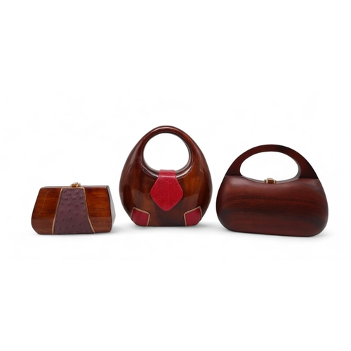 286 - Three Rocio luxury eco fashion acacia wood bags including a Viola natural matt handbag, a red snakes... 