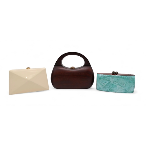 288 - Three Rocio luxury eco fashion acacia wood bags including a almond oil gloss Diaz Baby clutch, a Man... 