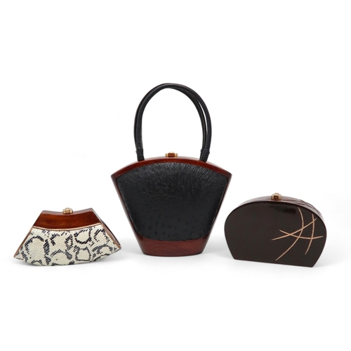 289 - Three Rocio luxury eco fashion acacia wood bags including a black ostrich leather handbag, a Collett... 