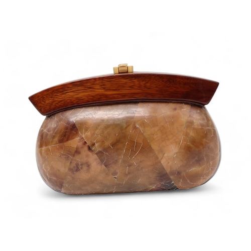 290 - Three Rocio luxury eco fashion acacia wood bags including a Miya matte wood handbag, a small stone c... 