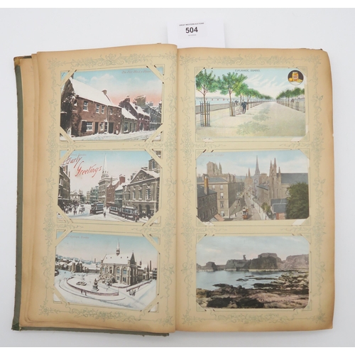 504 - An early-20th century postcard album, containing mostly Scottish East Coast views, alongside four hu... 