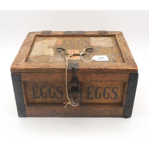 509 - A pine egg crate by J. & A. McFarlane, Glasgow, with padlock, measuring approx. 34cm wide x 18cm... 