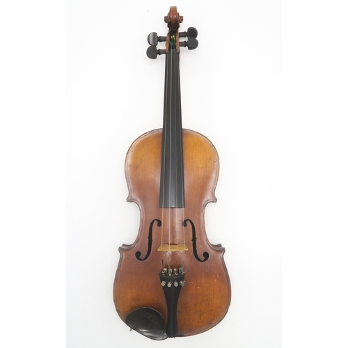 544 - A two-piece back violin, approx. 34.7cm; housed in a faux-crocodile skin fitted case, with two bows,... 