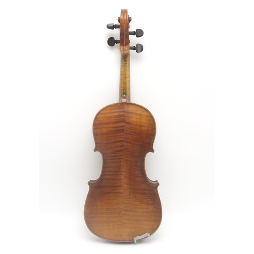 544 - A two-piece back violin, approx. 34.7cm; housed in a faux-crocodile skin fitted case, with two bows,... 