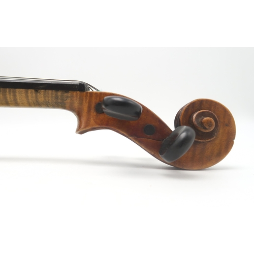 544 - A two-piece back violin, approx. 34.7cm; housed in a faux-crocodile skin fitted case, with two bows,... 